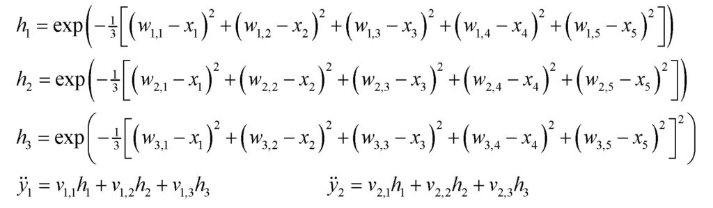 Equations specifying the RBF multilayer learning machine network architecture.