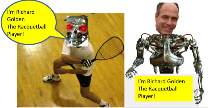 Robot with human head playing racquetball and human with robot body.