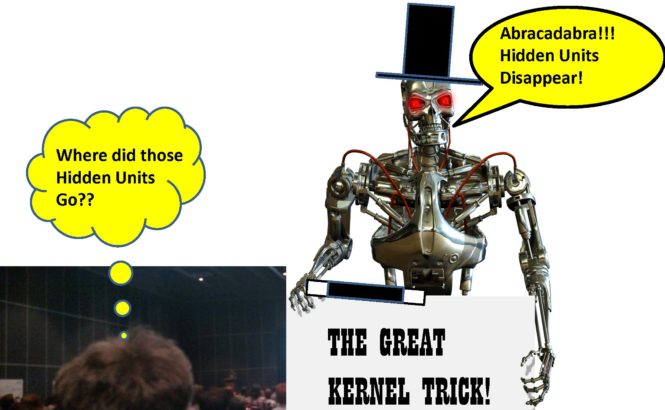 Robot doing a magic show and making hidden units disappear using the kernel trick.