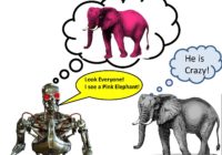 Robot imagines that he sees a pink elephant .