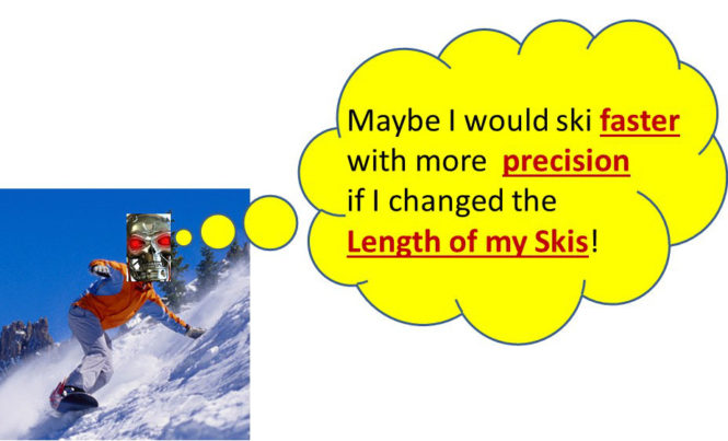 Robot skiing on a mountain with snow and thinking about the length of his skis.