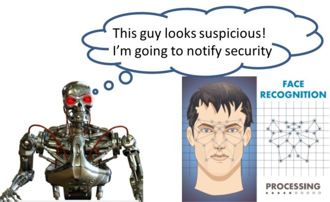 Robot looking at a facial image from a security camera.