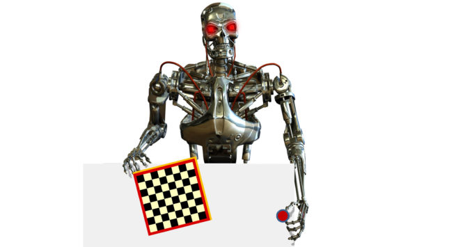 Robot holding checkerboard.